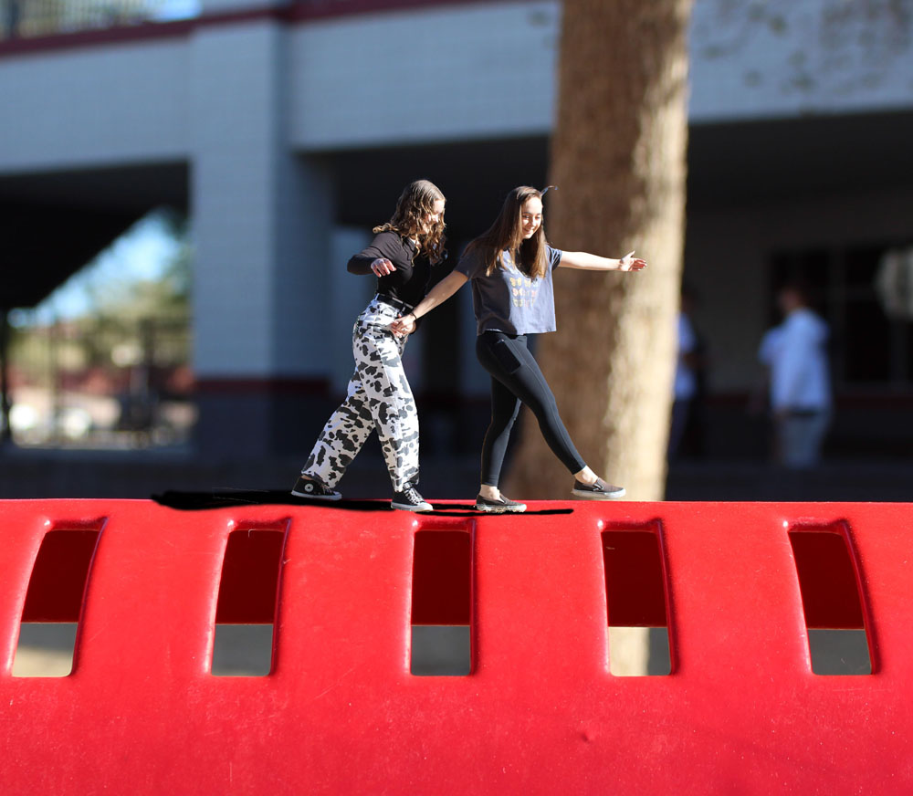 kamry-and-joey-walking-on-a-bench